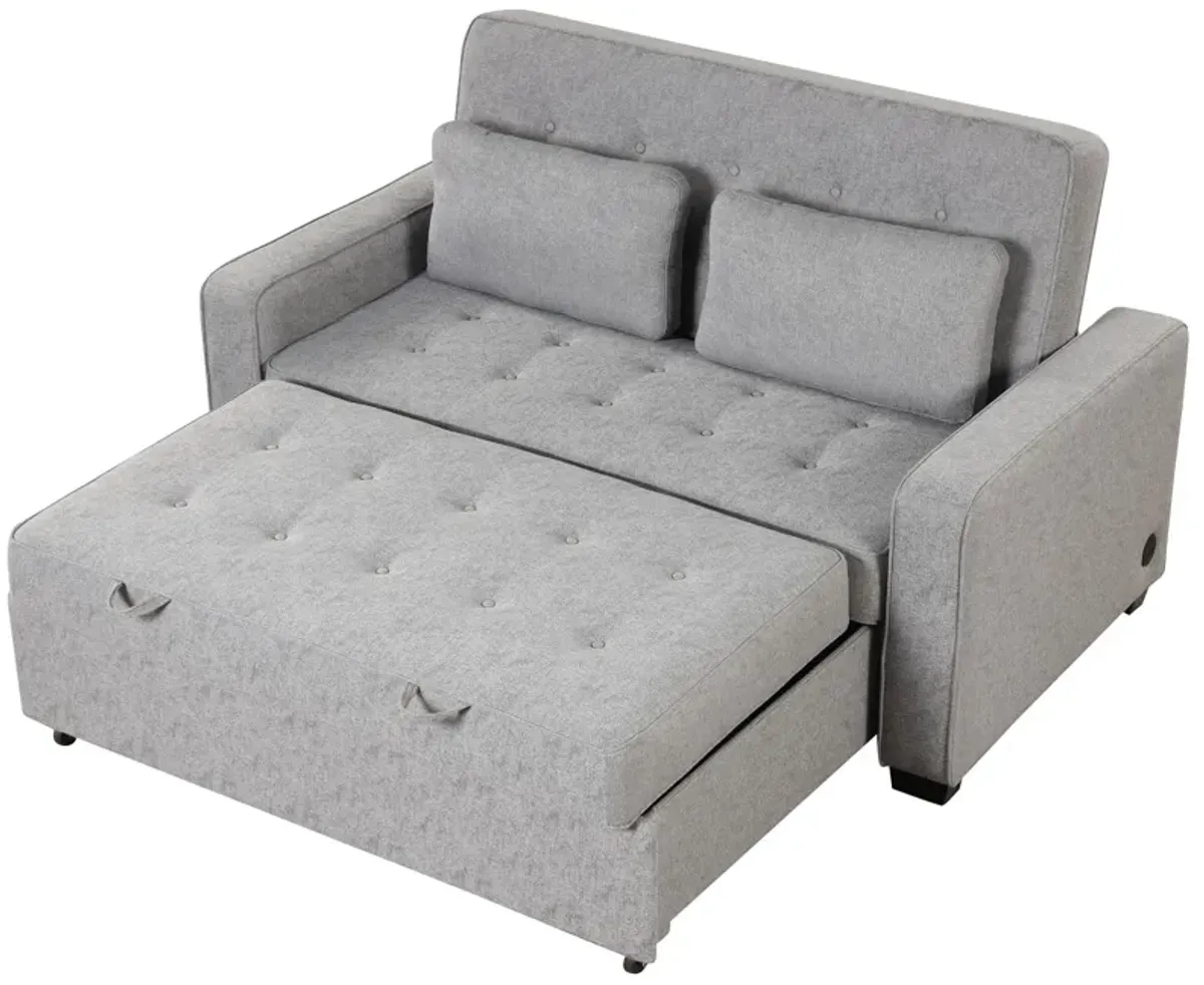 Upholstered Sleeper Bed, Pull Out Sofa Bed Couch Attached Two Throw Pillows, Dual USB Charging Port And Adjustable Backrest For Living Room Space