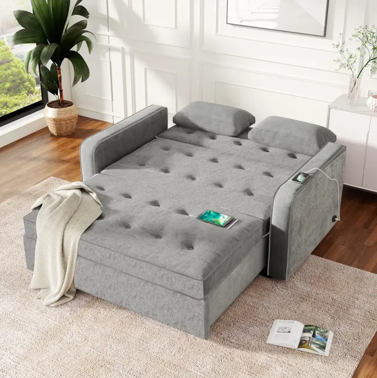 Upholstered Sleeper Bed, Pull Out Sofa Bed Couch Attached Two Throw Pillows, Dual USB Charging Port And Adjustable Backrest For Living Room Space