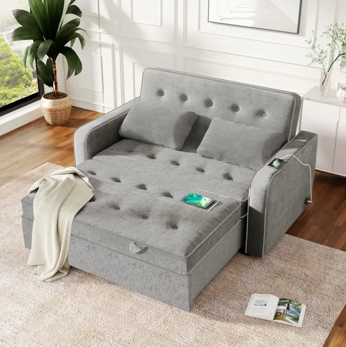 Upholstered Sleeper Bed, Pull Out Sofa Bed Couch Attached Two Throw Pillows, Dual USB Charging Port And Adjustable Backrest For Living Room Space