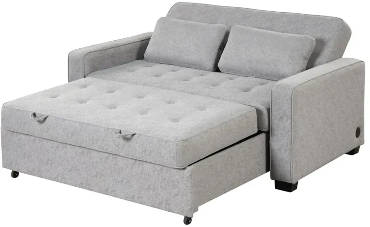 Upholstered Sleeper Bed, Pull Out Sofa Bed Couch Attached Two Throw Pillows, Dual USB Charging Port And Adjustable Backrest For Living Room Space