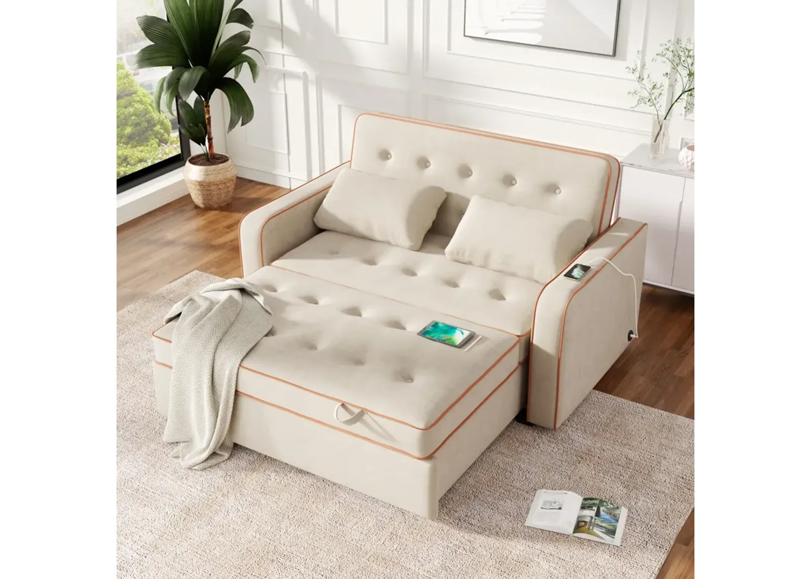 Upholstered Sleeper Bed, Pull Out Sofa Bed Couch Attached Two Throw Pillows, Dual USB Charging Port And Adjustable Backrest For Living Room Space