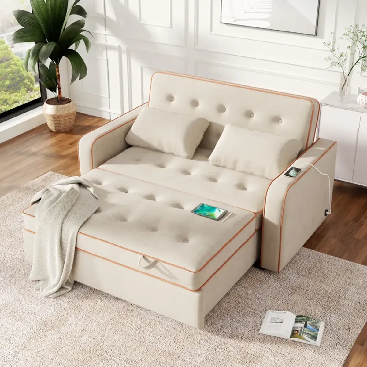 Upholstered Sleeper Bed, Pull Out Sofa Bed Couch Attached Two Throw Pillows, Dual USB Charging Port And Adjustable Backrest For Living Room Space