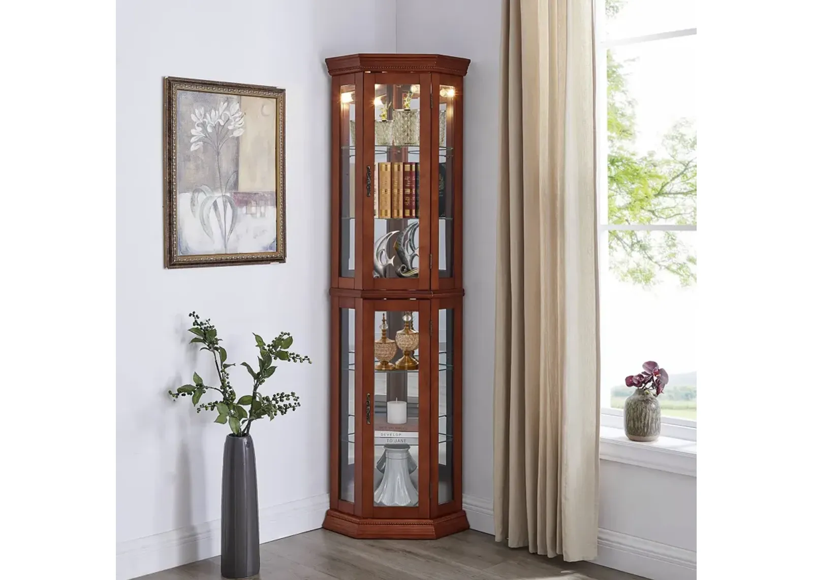 Corner Curio Cabinet With Lights, Adjustable Tempered Glass Shelves, Mirrored Back, Display Cabinet (E26 Light Bulb Not Included)