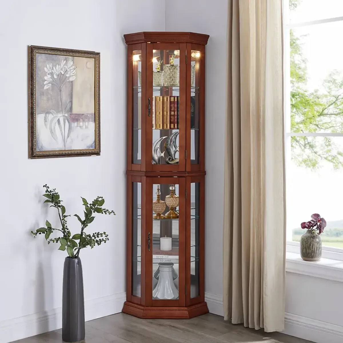 Corner Curio Cabinet With Lights, Adjustable Tempered Glass Shelves, Mirrored Back, Display Cabinet (E26 Light Bulb Not Included)