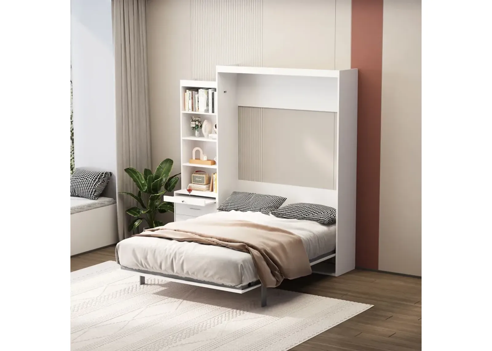 Morden Deisgn Vertical Murphy Bed With Shelf And Drawers For Bedroom Or Guestroom Wall Bed Space Saving Hidden Bed With New Style Gas Struts