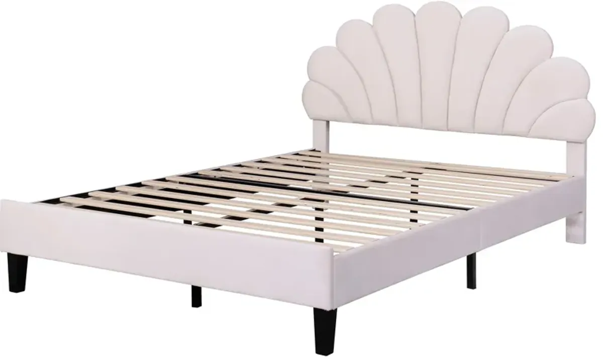 Upholstered Platform Bed With Flower Pattern Velvet Headboard