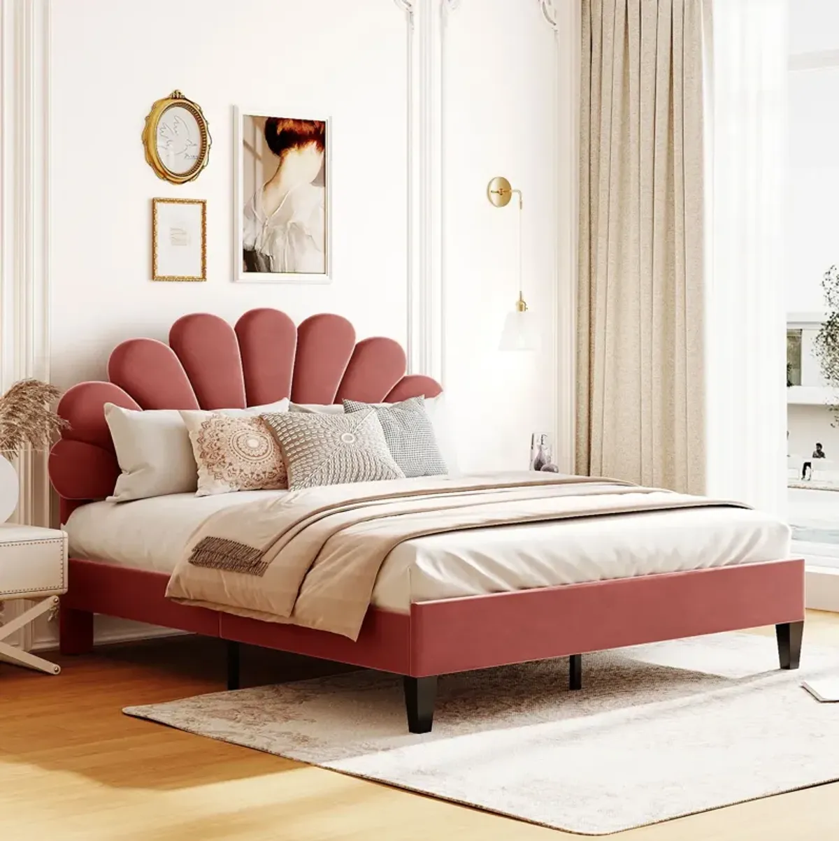 Upholstered Platform Bed With Flower Pattern Velvet Headboard