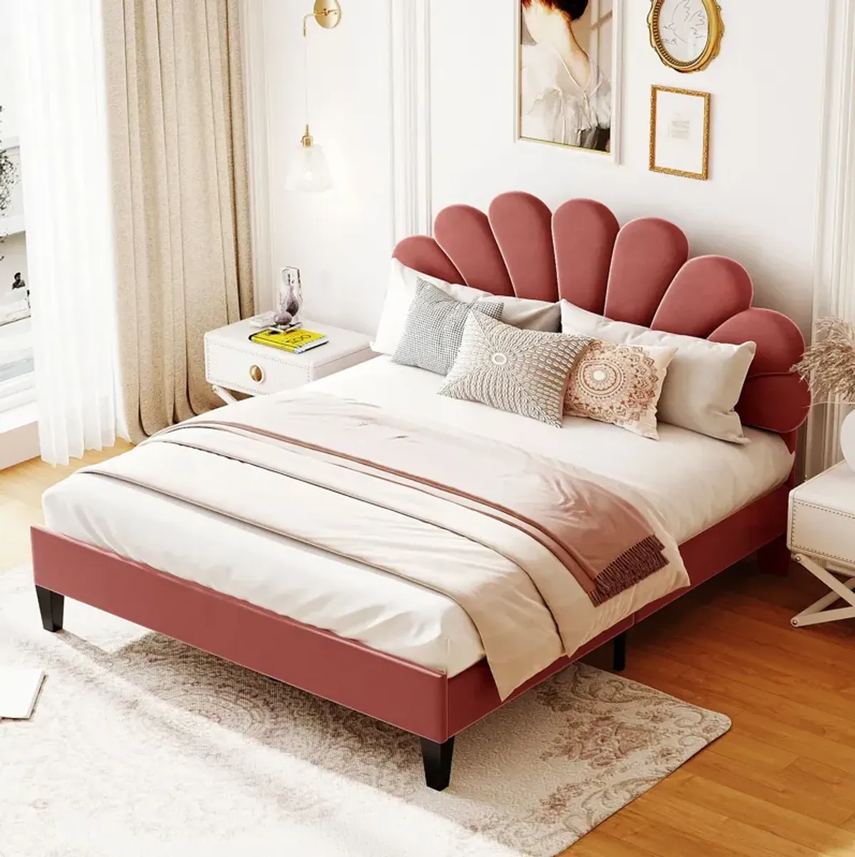 Upholstered Platform Bed With Flower Pattern Velvet Headboard