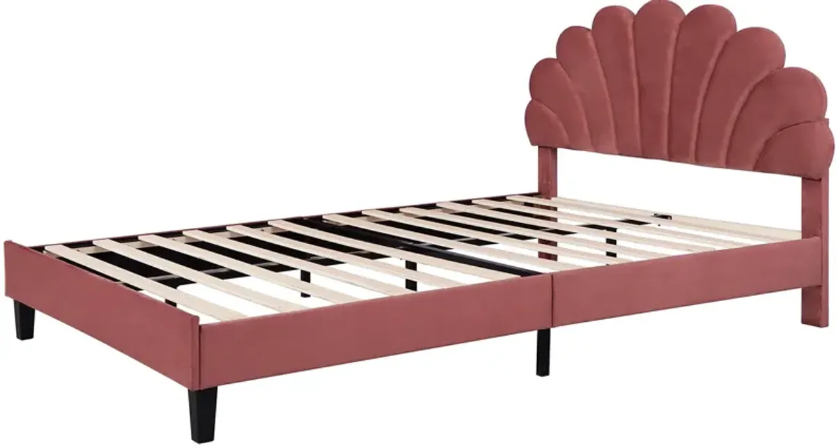 Upholstered Platform Bed With Flower Pattern Velvet Headboard