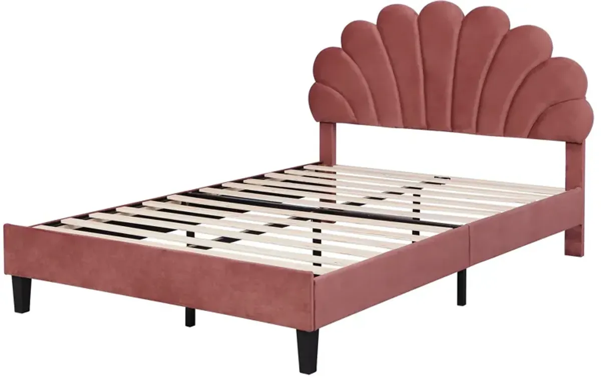 Upholstered Platform Bed With Flower Pattern Velvet Headboard