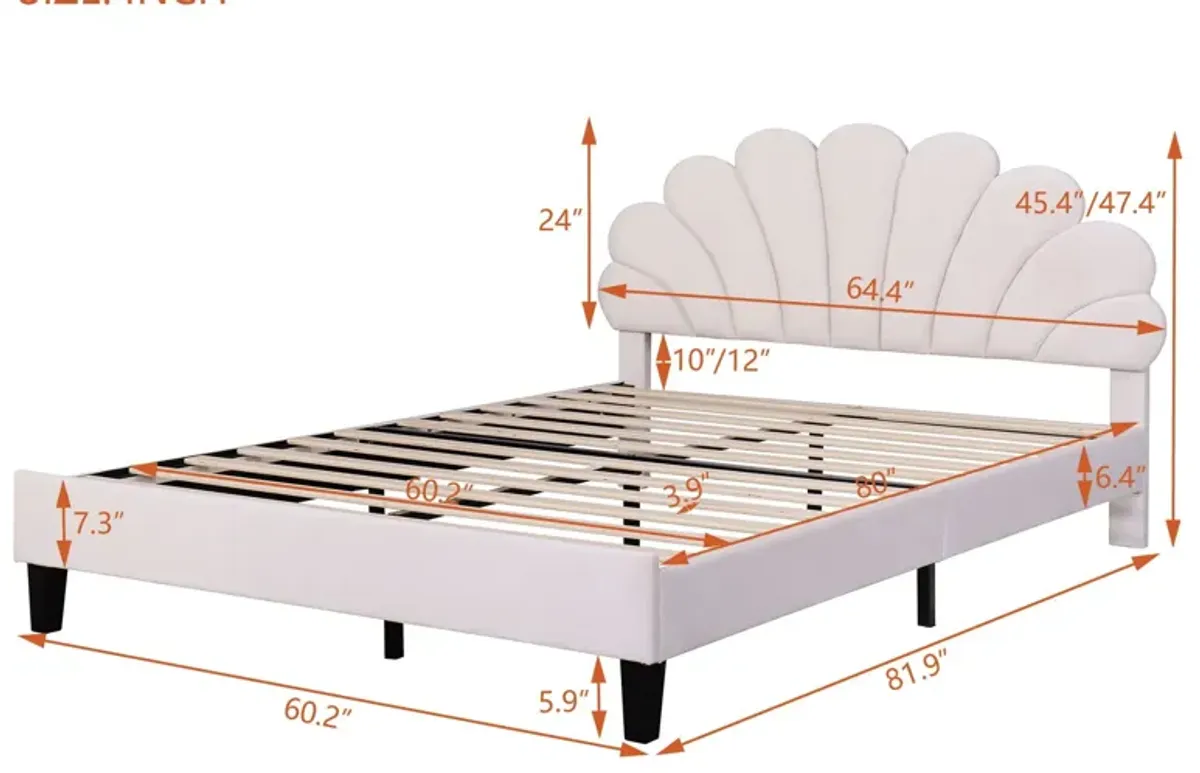 Upholstered Platform Bed With Flower Pattern Velvet Headboard