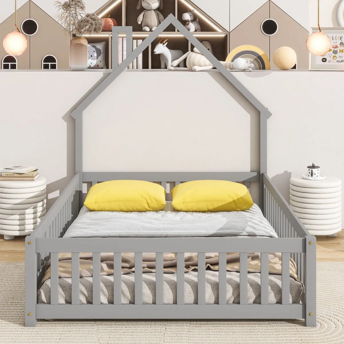 House-Shaped Headboard Floor Bed With Fence