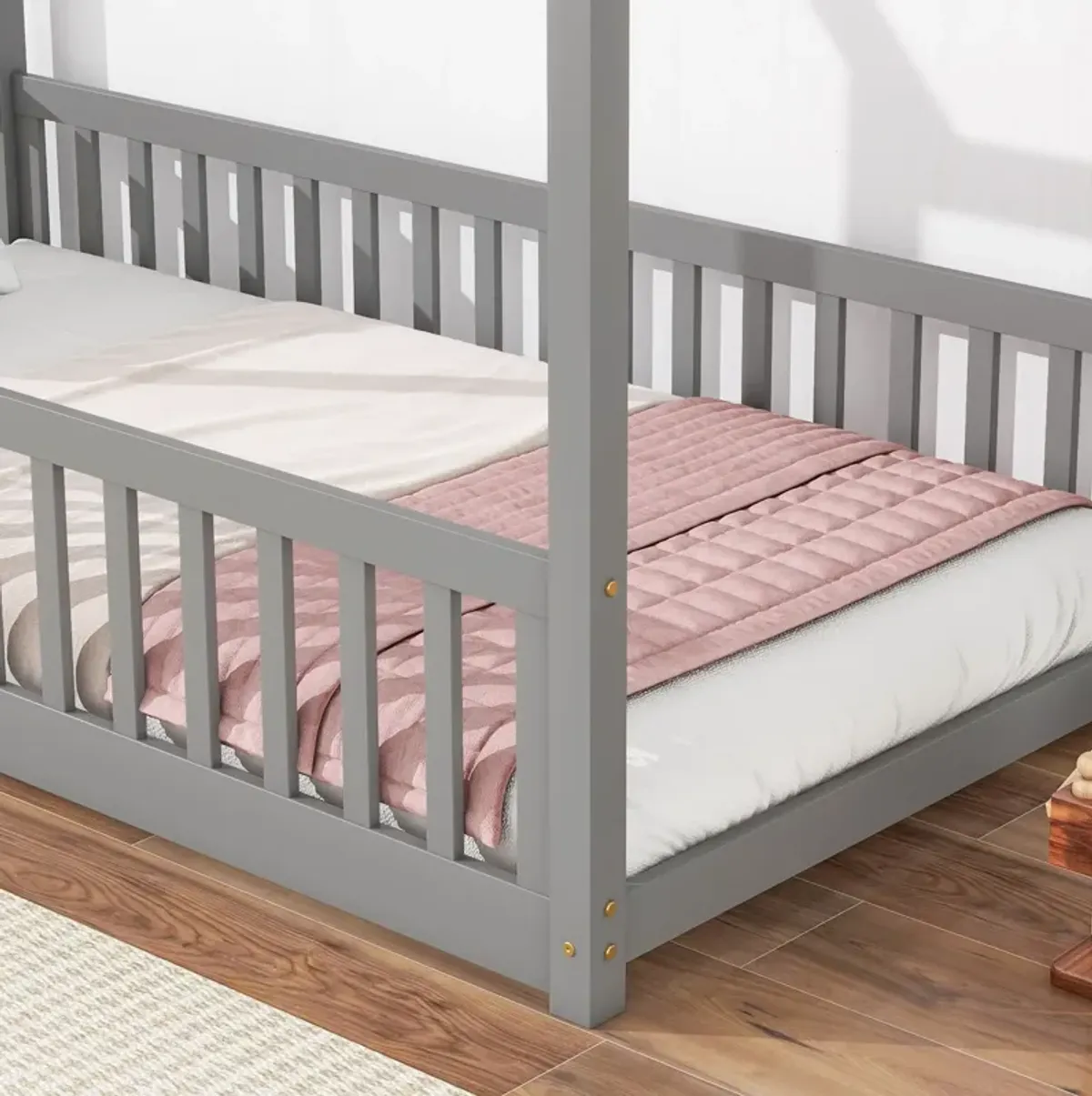 House Bed With Guardrails, Slats