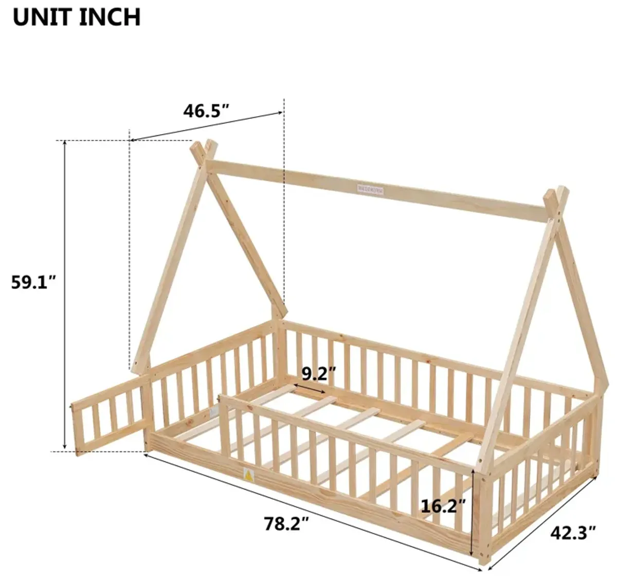 Tent-Shaped Floor Bed, With Guardrails, Slats, Door