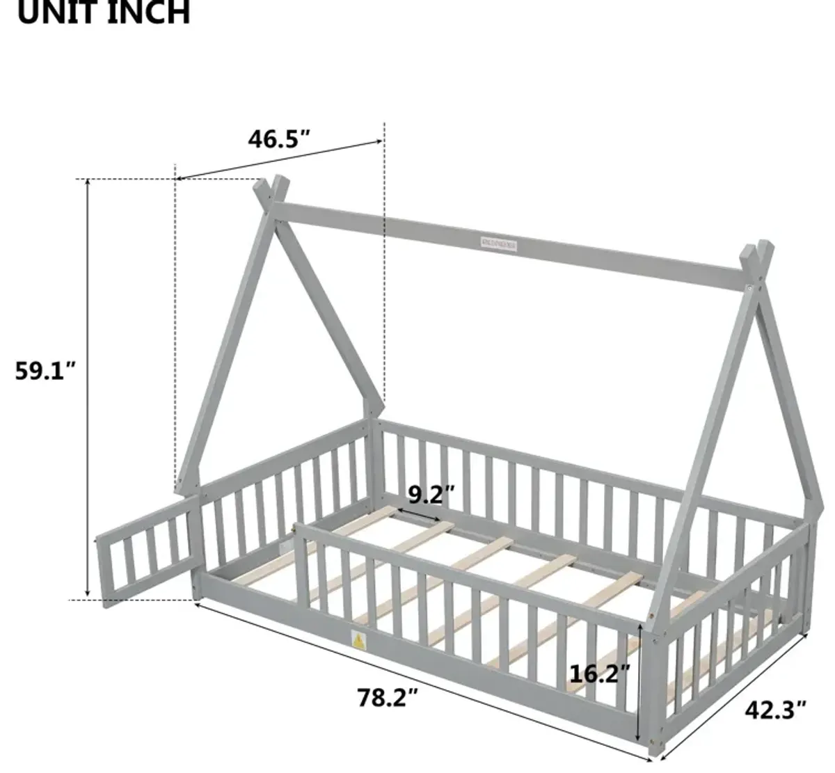 Tent-Shaped Floor Bed, With Guardrails, Slats, Door