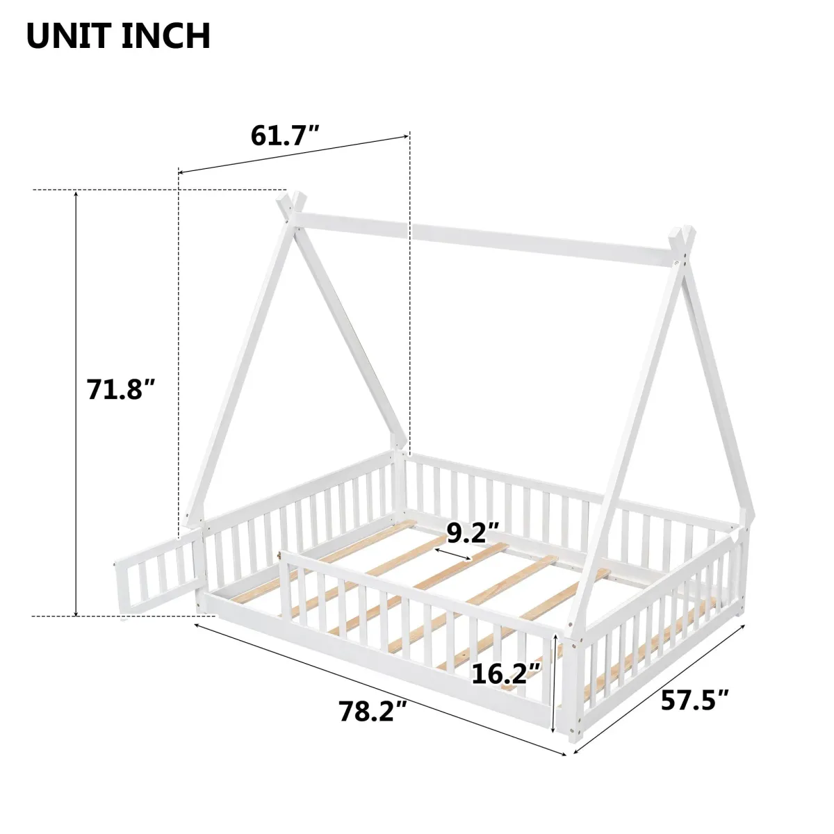 Tent-Shaped Floor Bed, With Guardrails, Slats, Door