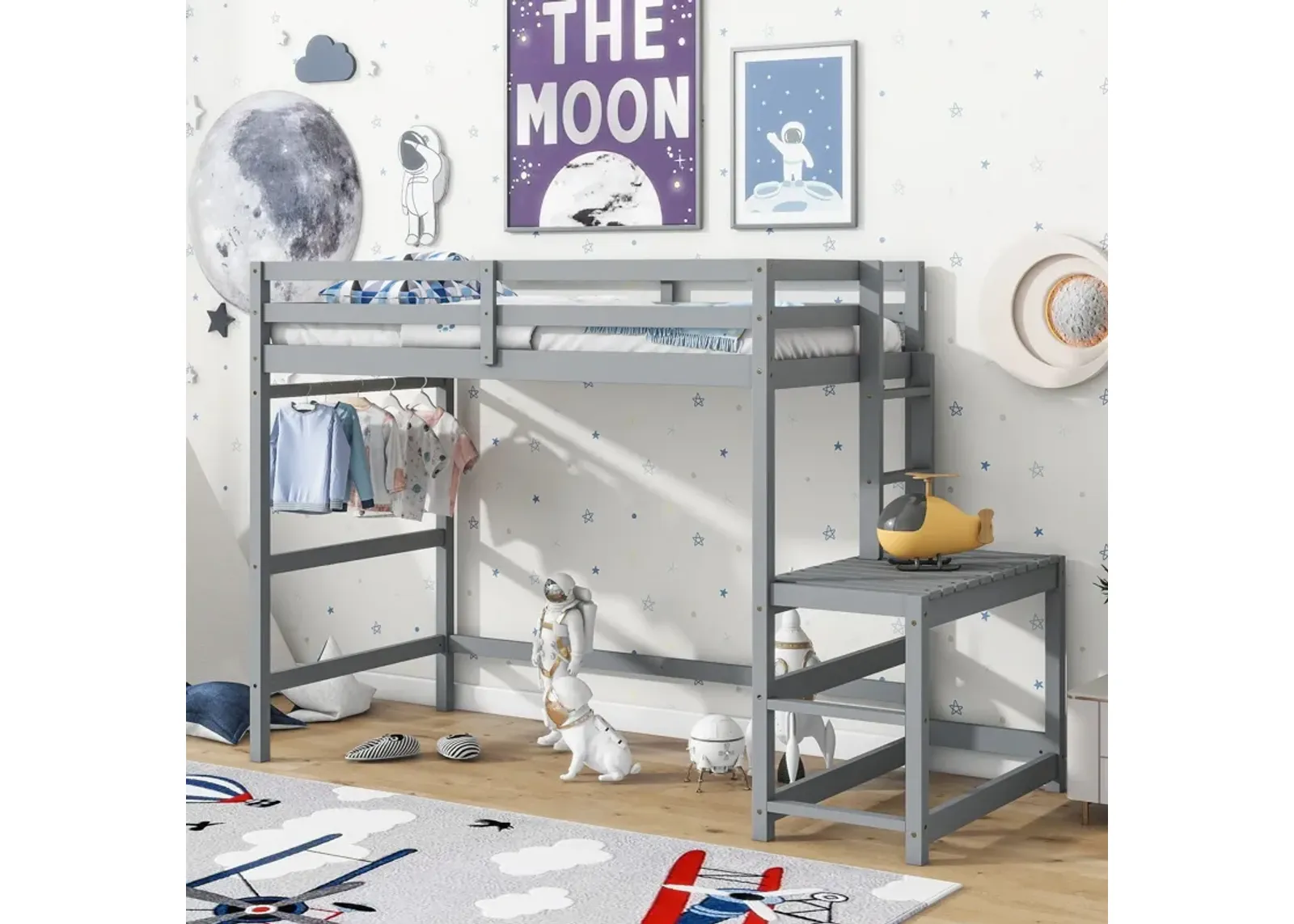 High Loft Bed With Ladder Landing Platform, Ladders, Guardrails