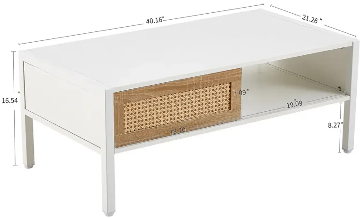 40.16" Rattan Coffee Table, Sliding Door For Storage, Metal Legs, Modern Table For Living Room