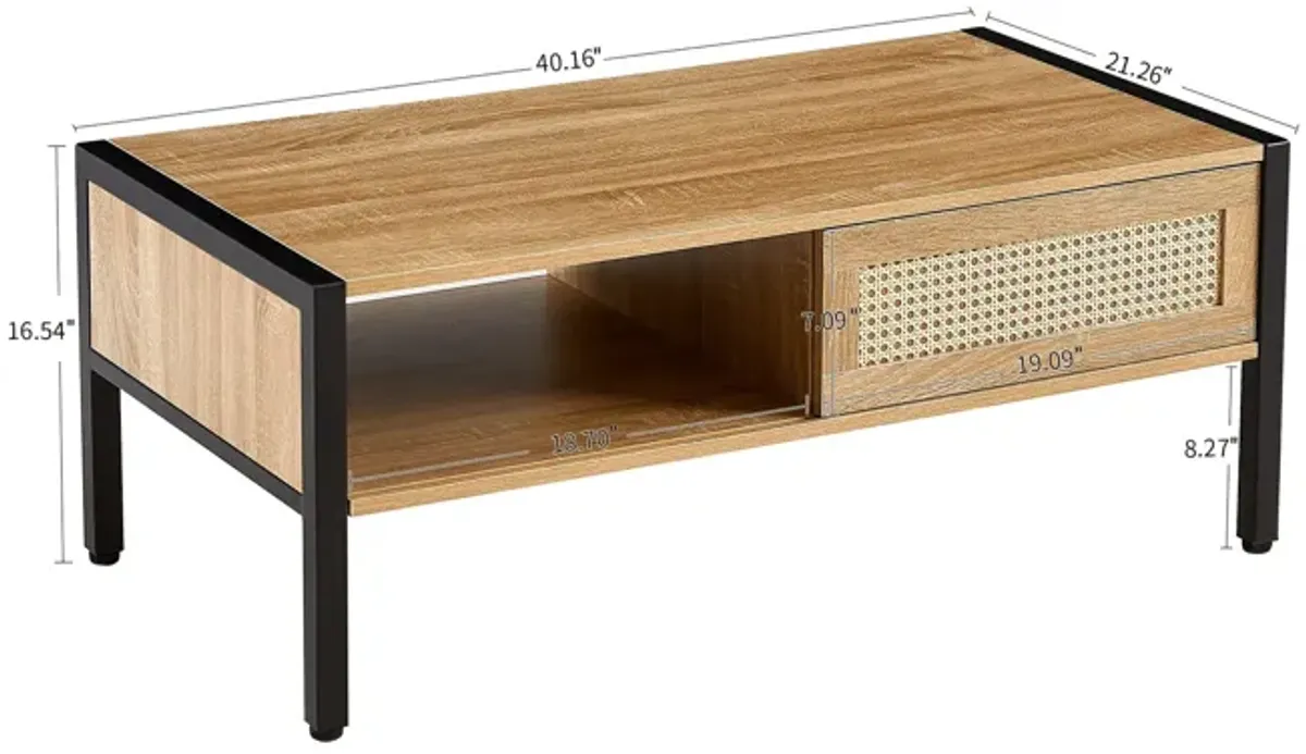 40.16" Rattan Coffee Table, Sliding Door For Storage, Metal Legs, Modern Table For Living Room