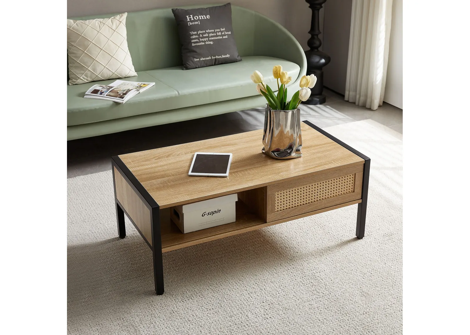 40.16" Rattan Coffee Table, Sliding Door For Storage, Metal Legs, Modern Table For Living Room