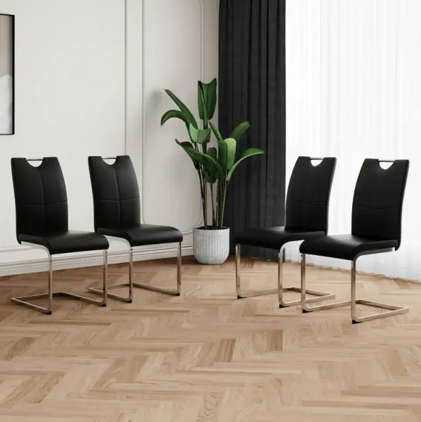 Modern Dining Chairs With Faux Leather Padded Seat Dining Living Room Chairs Upholstered Chair With Chrome Metal Legs Design Side Chairs (Set of 4) - Black / Silver