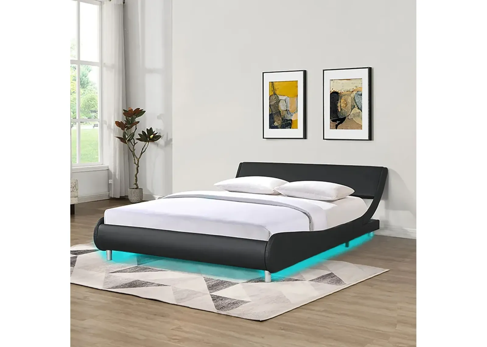 Queen Size Upholstered Platform Bed Frame, LED Lighting With Remote Controller And App, Curve Design, Wood Slat Support, No Box Spring Needed - Black