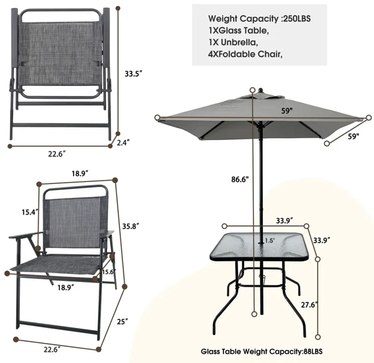 Outdoor Patio Dining Set For 4 People, Metal Patio Furniture Table And Chair Set With Umbrella - Black