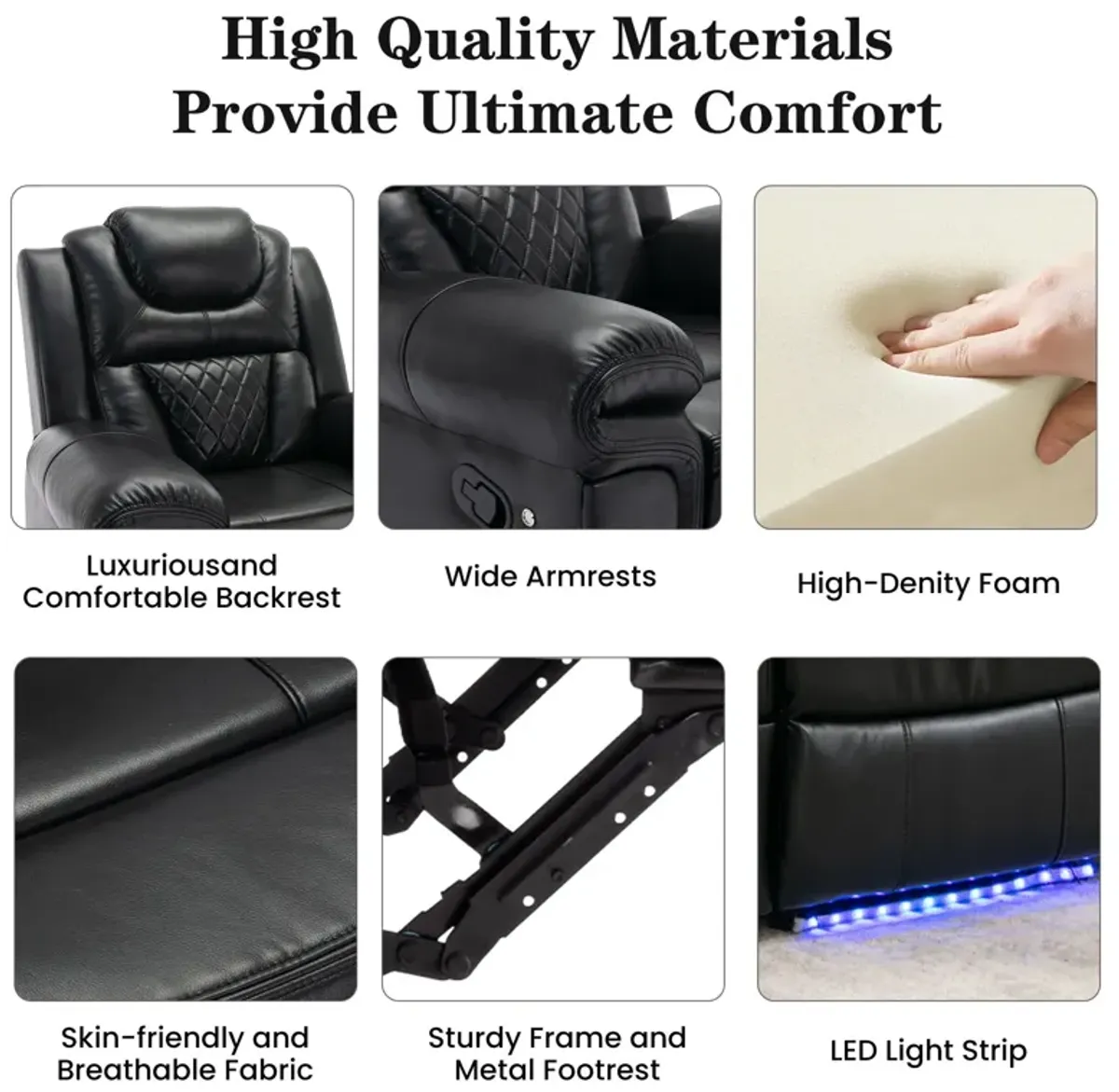 Home Theater Seating Manual Recliner Chair, Led Light Strip For Living Room - Black