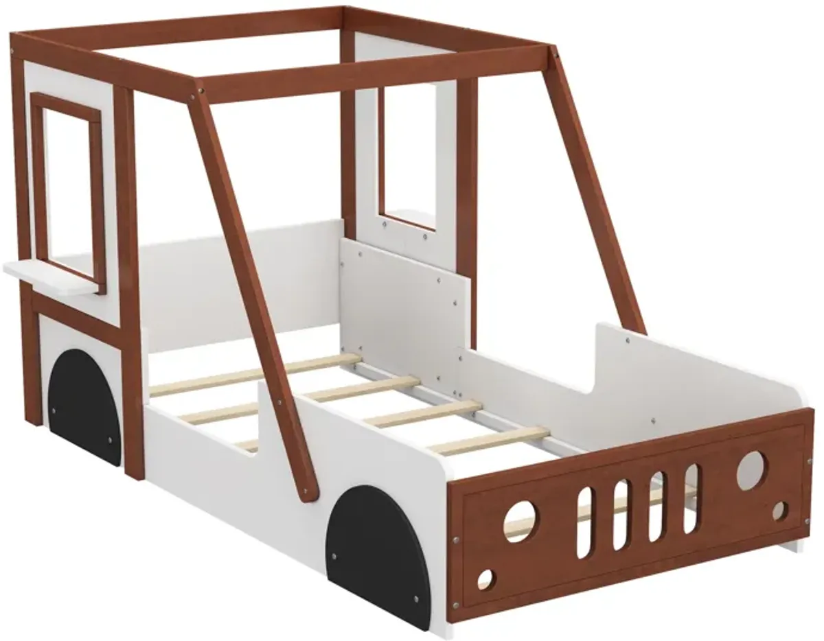 Fun Play Design Twin Size Car Bed, Kids Platform Bed In Car Shaped For Kids Boys Girls Teens - White / Orange