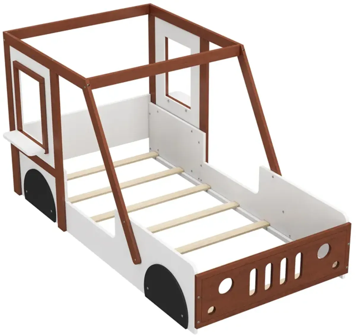 Fun Play Design Twin Size Car Bed, Kids Platform Bed In Car Shaped For Kids Boys Girls Teens - White / Orange