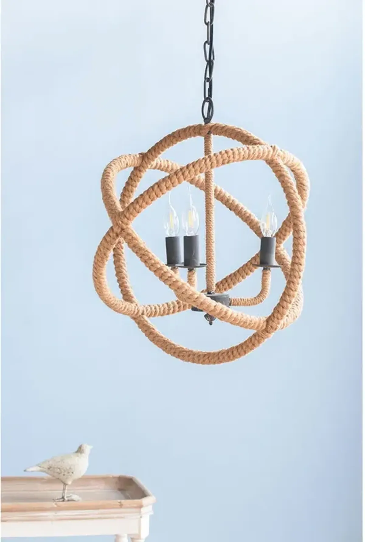 3 Light Farmhouse Chandelier, Rope Chandelier Globe Hanging Light Fixture With With Adjustable Chain For Kitchen Dining Room Foyer Entryway, Bulb Not Included - Beige Brown
