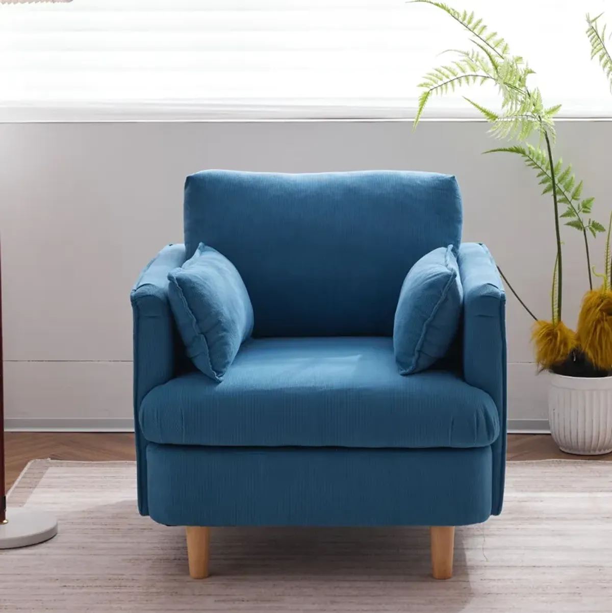 29.5" W Modern Fabric Decorative Chair Armchair Upholstered Reading Chair Single Sofa Casual Club Chair With Solid Wooden Feet And 2 Pillow, For Living Room, Bedroom, Bed Room, Office, Corduroy Fabric - Blue