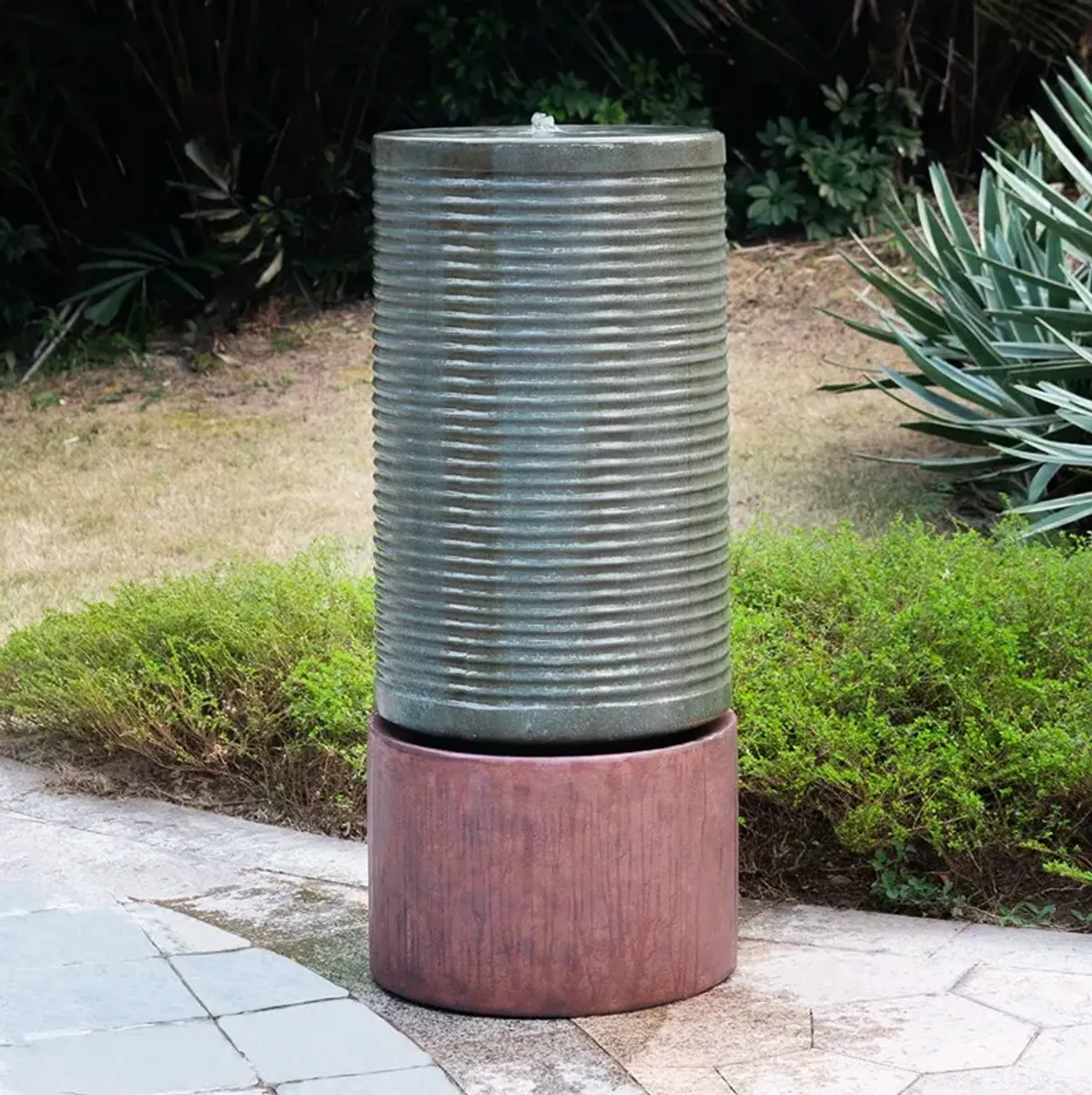 Tall Large Round Ribbed Tower Water Fountain, Verge Bronze, Cement Outdoor Bird Feeder / Bath Fountain