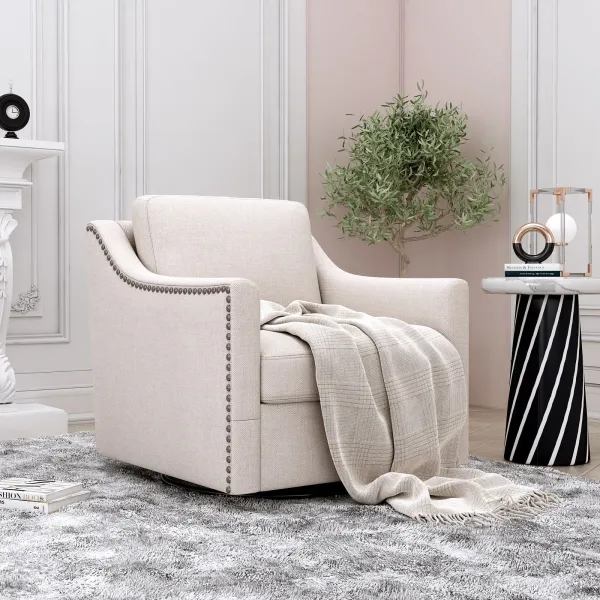 360 Degree Swivel Armchair Cotton Linen Skin-Friendly Fabric Ergonomic Design Brass Nail Decorative Armchair Living Room Chairs Bedroom Chairs Living Room Chairs Black Legs Suitable For Indoor Homes