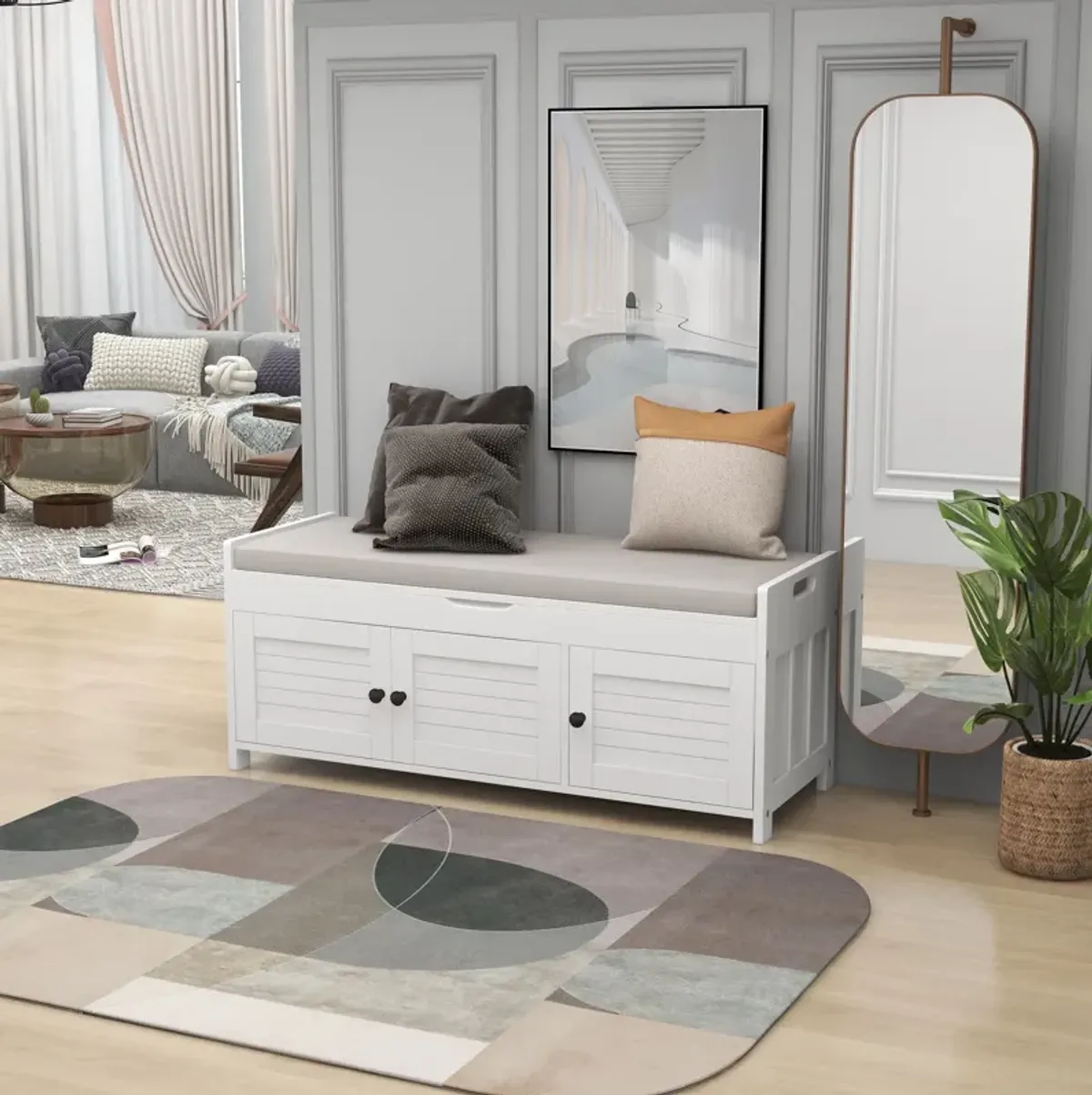 Storage Bench With 3 Shutter-Shaped Doors, Shoe Bench With Removable Cushion And Hidden Storage Space