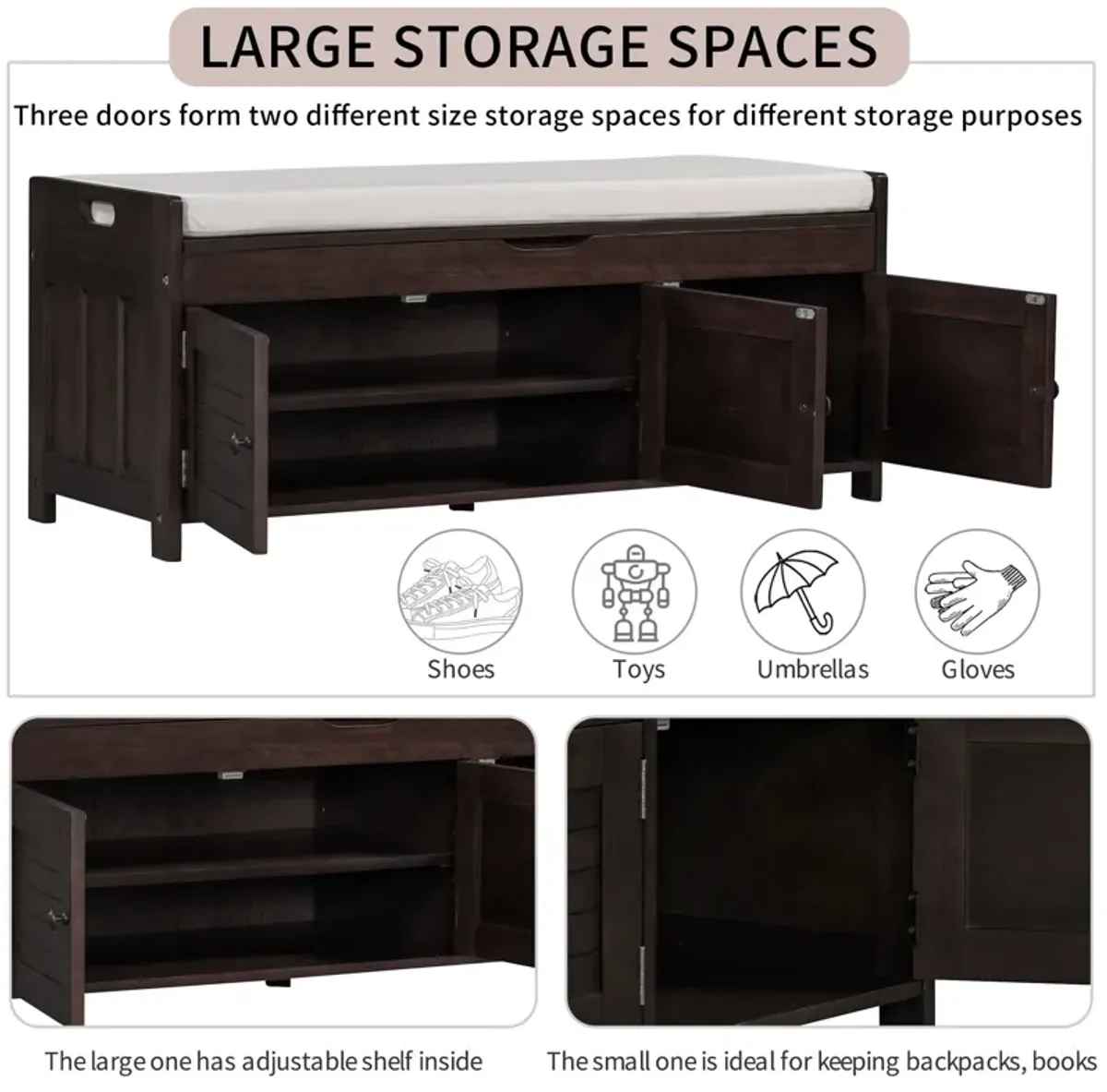 Storage Bench With 3 Shutter-Shaped Doors, Shoe Bench With Removable Cushion And Hidden Storage Space