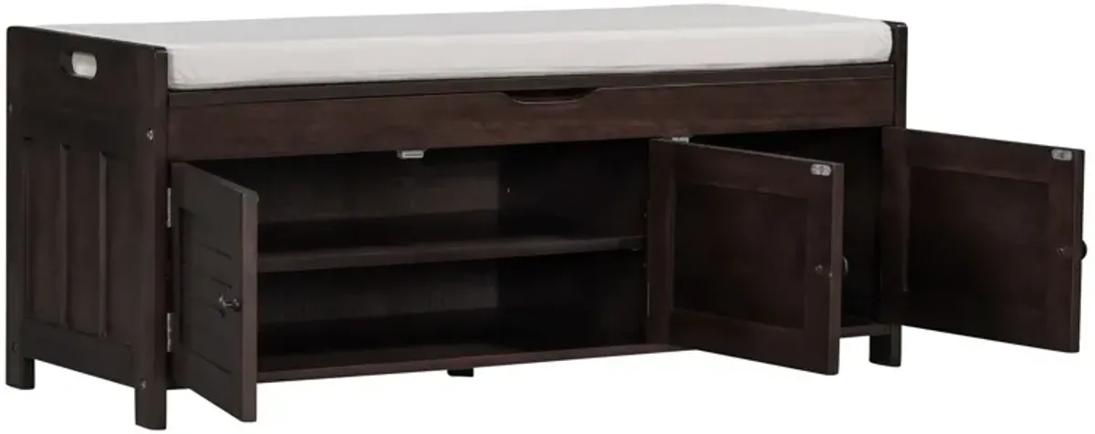 Storage Bench With 3 Shutter-Shaped Doors, Shoe Bench With Removable Cushion And Hidden Storage Space