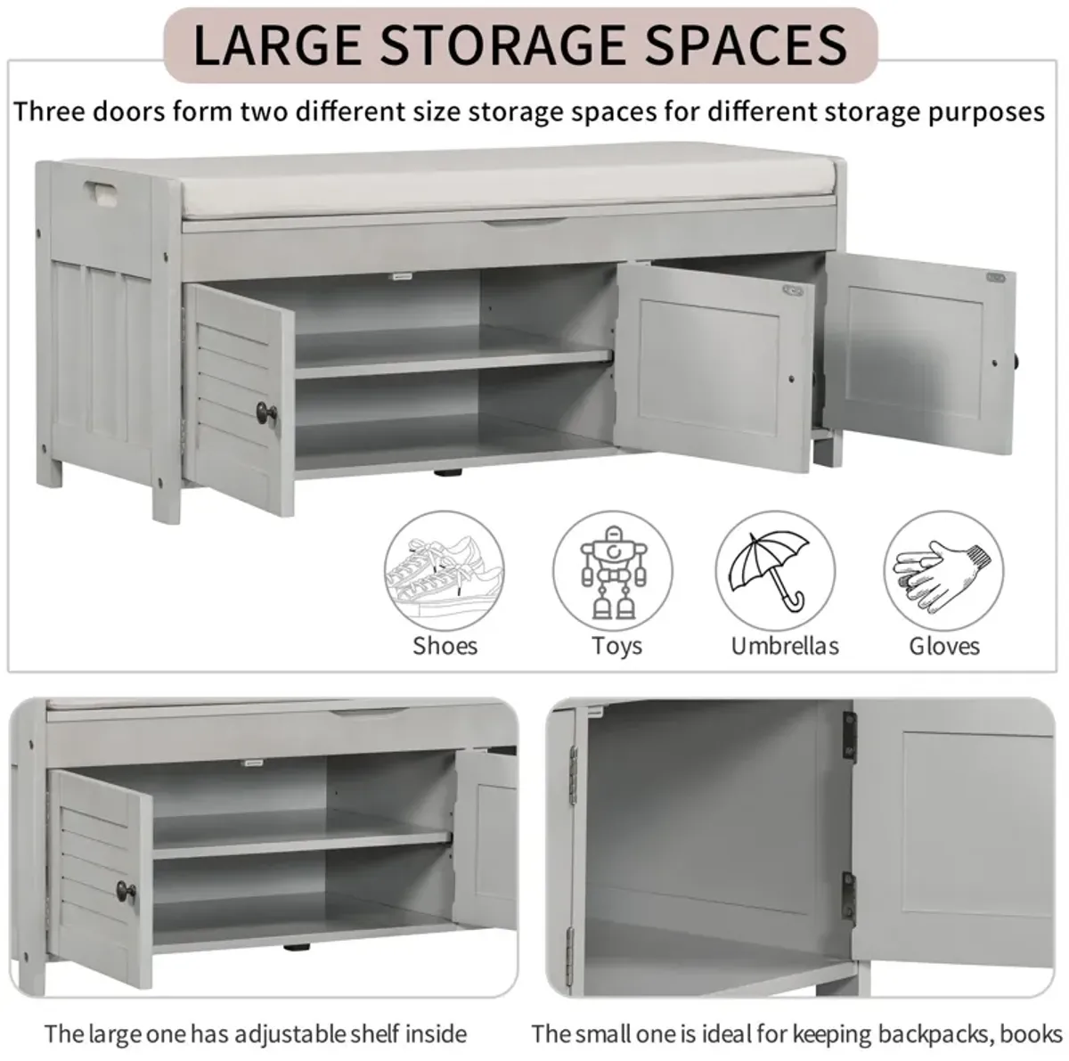 Storage Bench With 3 Shutter-Shaped Doors, Shoe Bench With Removable Cushion And Hidden Storage Space