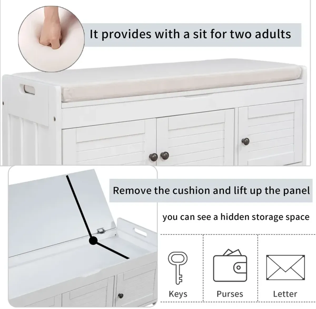 Storage Bench With 3 Shutter-Shaped Doors, Shoe Bench With Removable Cushion And Hidden Storage Space