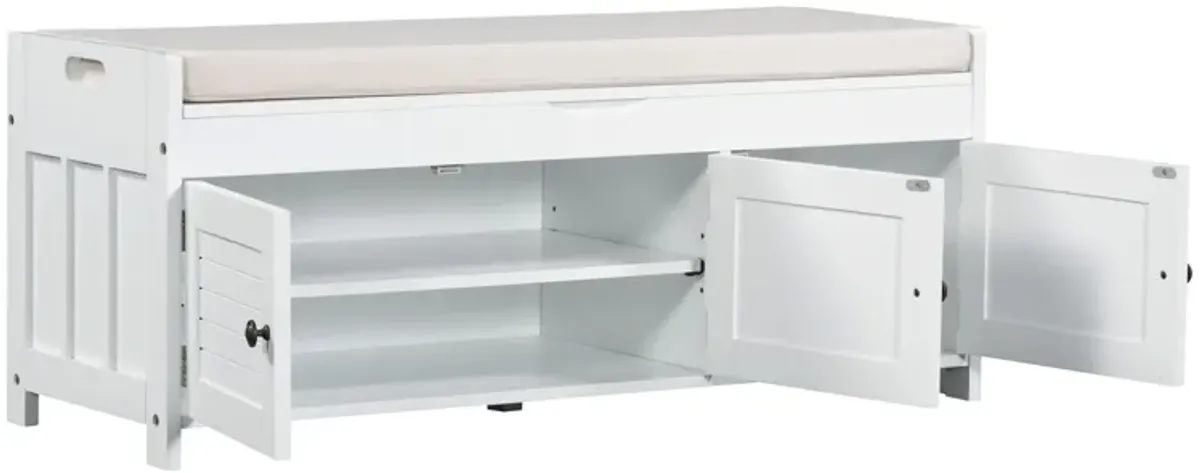 Storage Bench With 3 Shutter-Shaped Doors, Shoe Bench With Removable Cushion And Hidden Storage Space