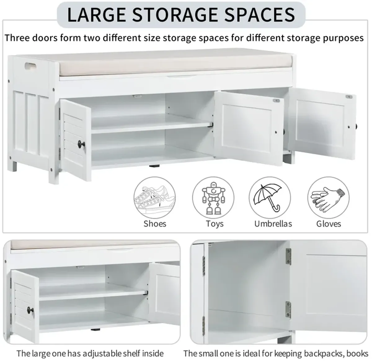 Storage Bench With 3 Shutter-Shaped Doors, Shoe Bench With Removable Cushion And Hidden Storage Space