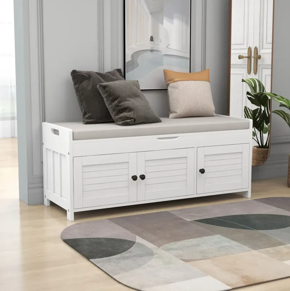 Storage Bench With 3 Shutter-Shaped Doors, Shoe Bench With Removable Cushion And Hidden Storage Space