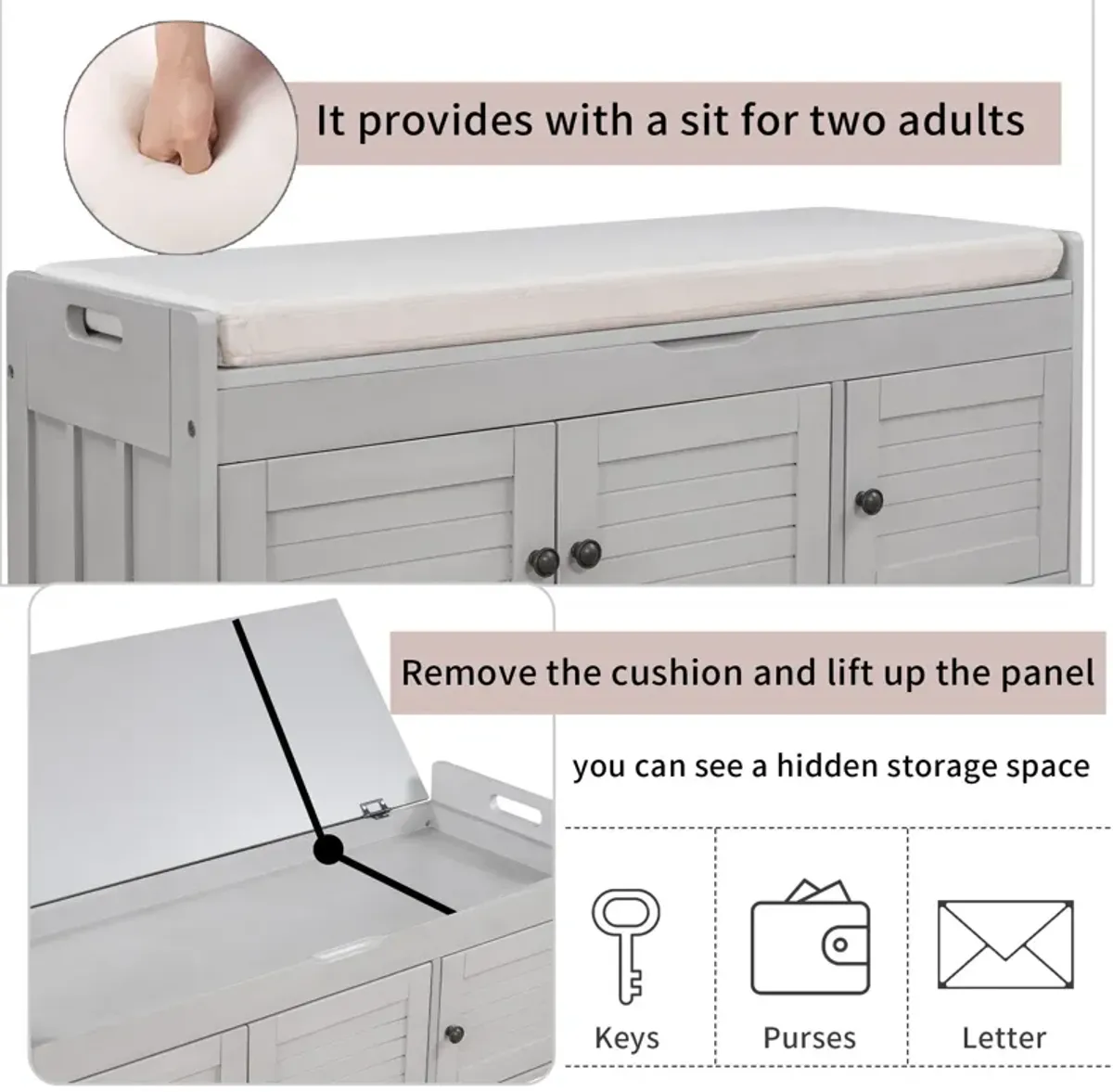 Storage Bench With 3 Shutter-Shaped Doors, Shoe Bench With Removable Cushion And Hidden Storage Space