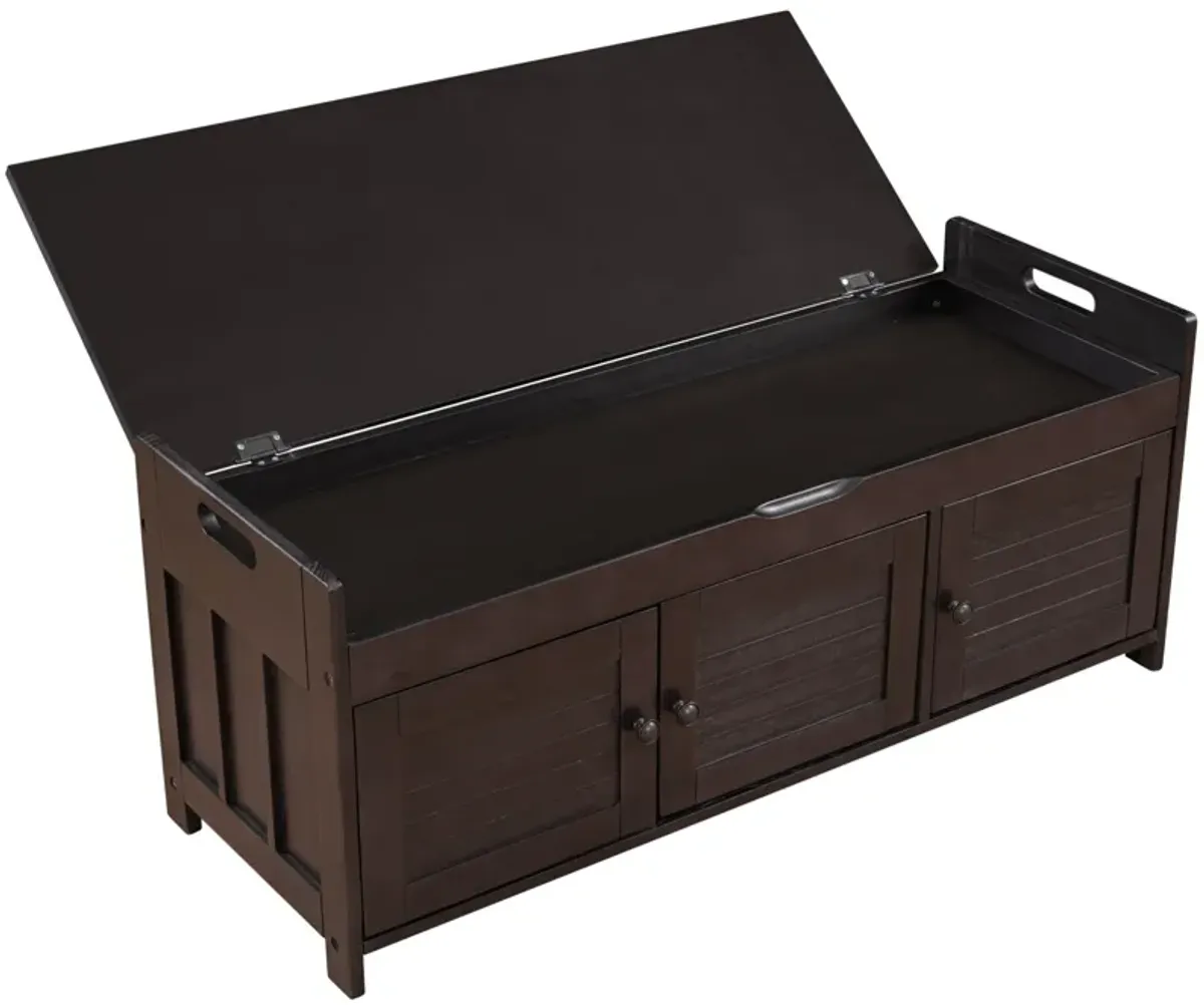 Storage Bench With 3 Shutter-Shaped Doors, Shoe Bench With Removable Cushion And Hidden Storage Space