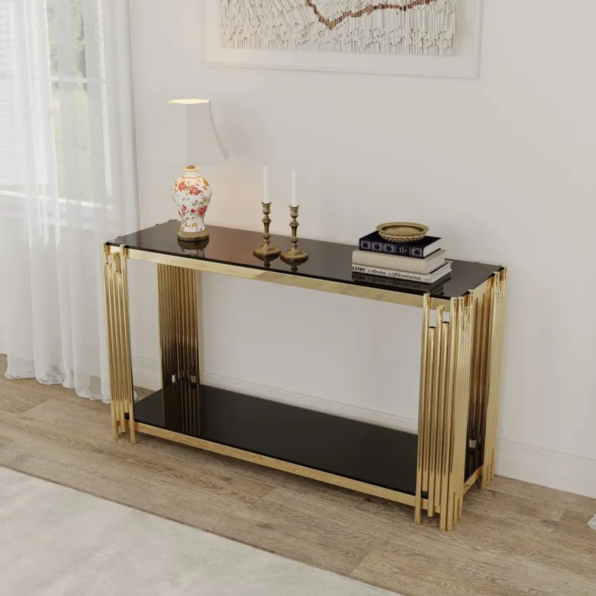 Square End Table With Tempered Glass Top For Living Room - Black / Gold