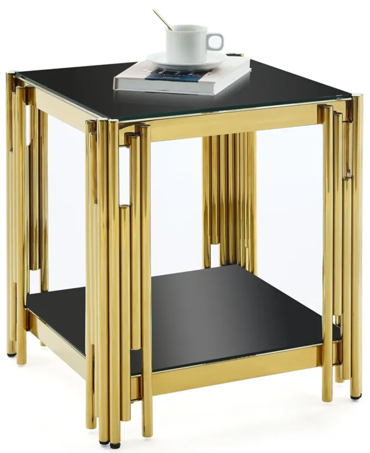 Square End Table With Tempered Glass Top For Living Room - Black / Gold