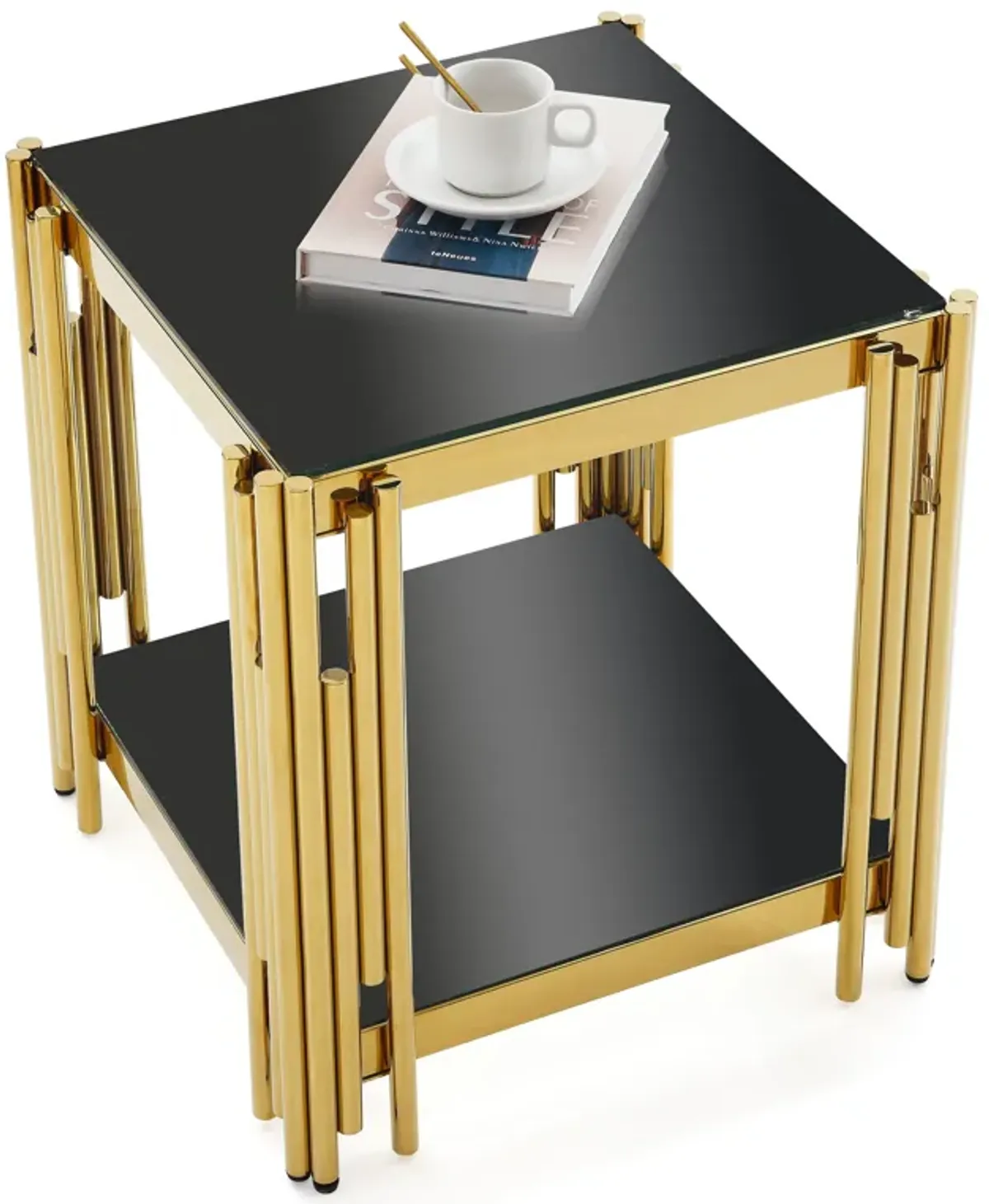 Square End Table With Tempered Glass Top For Living Room - Black / Gold