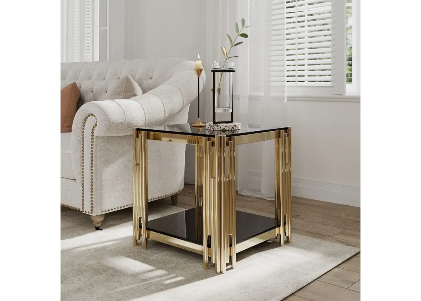 Square End Table With Tempered Glass Top For Living Room - Black / Gold