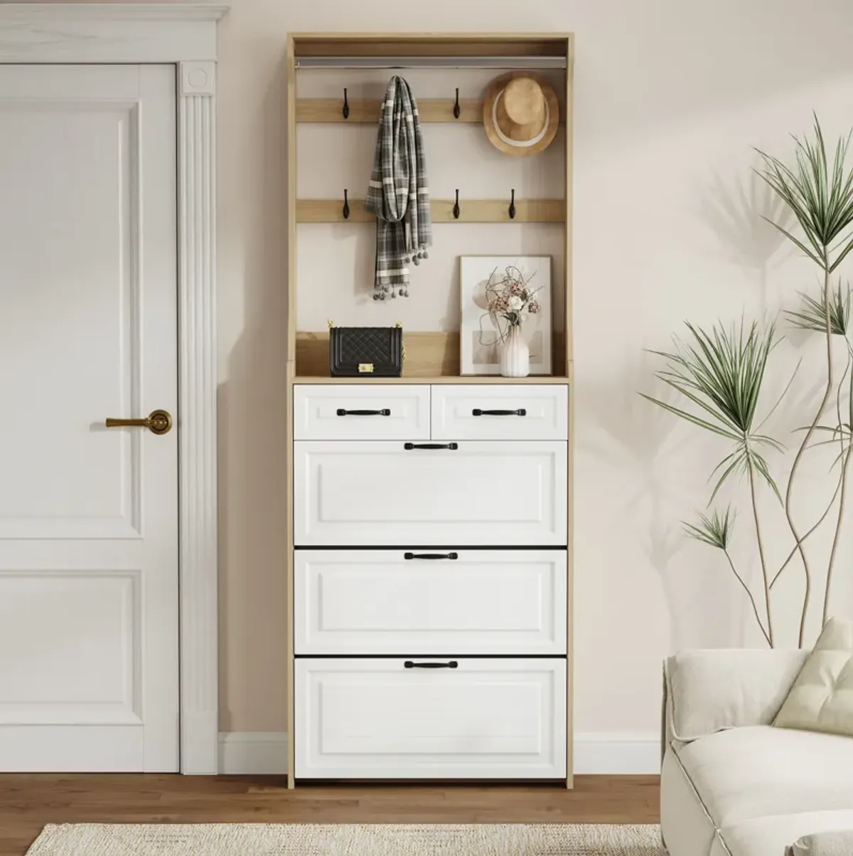 Shoe Cabinet With 3 Doors 2 Drawers With Hanger, Door With Shape, Large Space For Storage