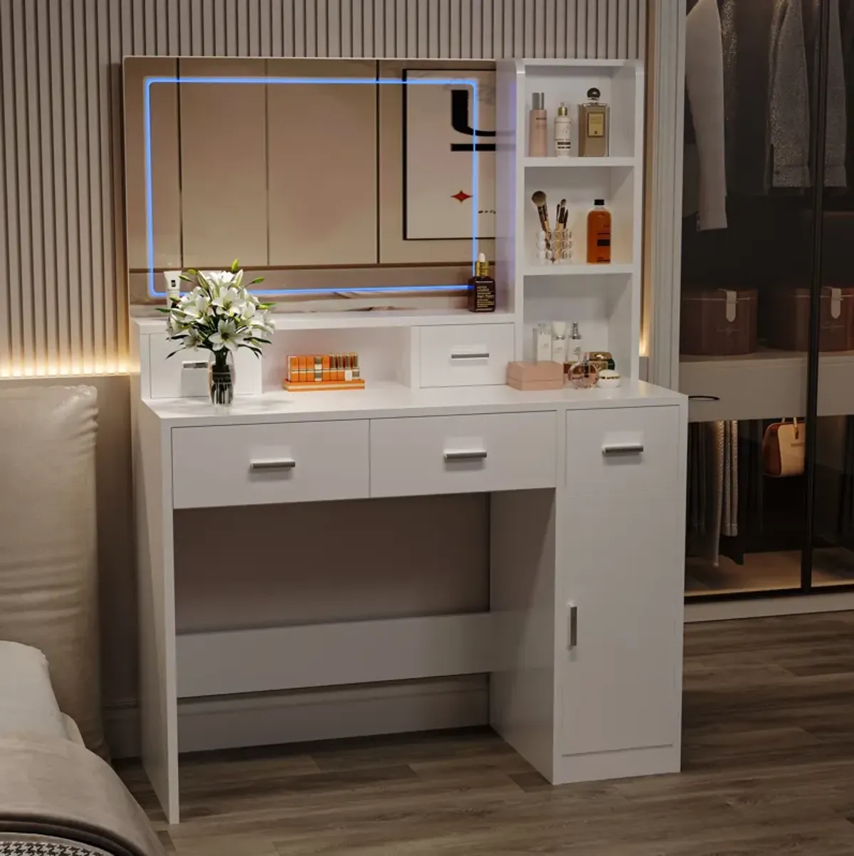 40.95" Newly Designed Smart Mirror Dressing Table With Drawers And Storage Cabinet, Dressing Table With Dressing Pad For Bedroom, Dressing Room